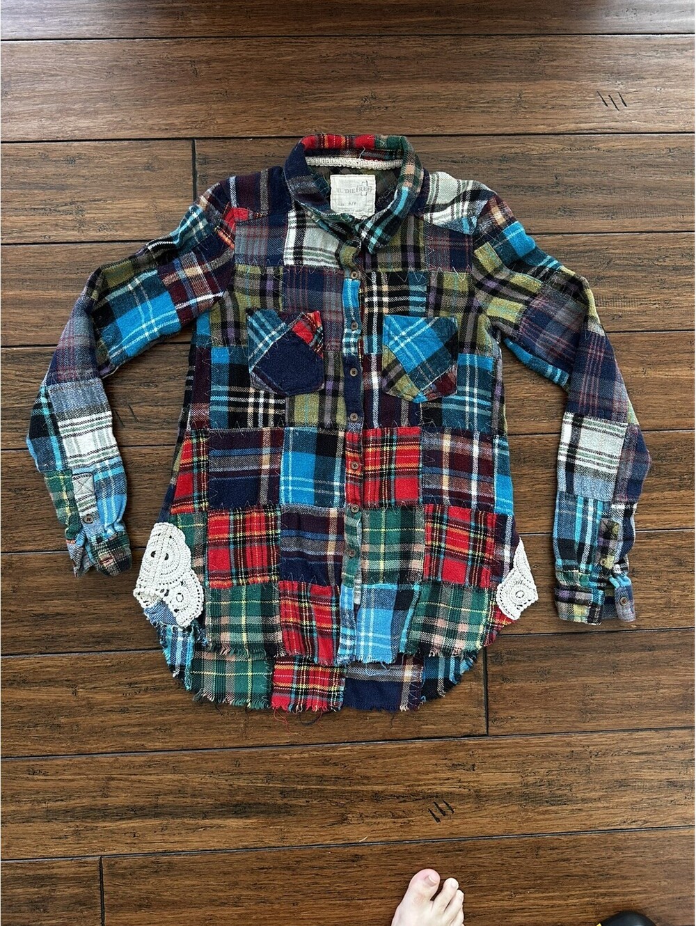 Free People Patchwork Flannel Shirt Boho Crotchet We The Free Raw Hem Size Small